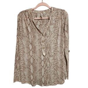 Emerald Womens Snakeskin Print Henley Blouse Tan Brown Roll Tab Sleeve Medium